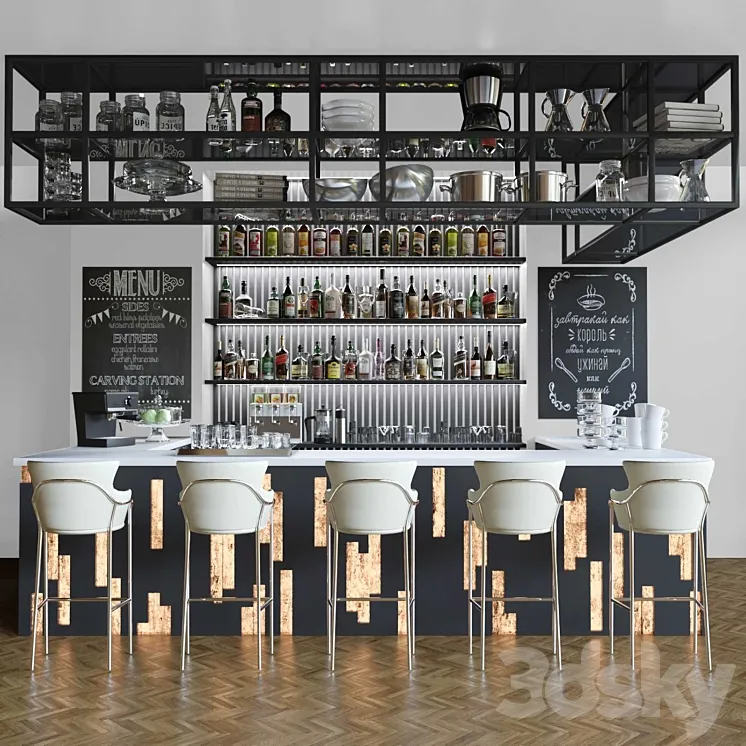 Design project of a restaurant with a bar counter and cocktails. Alcohol 3DS Max
