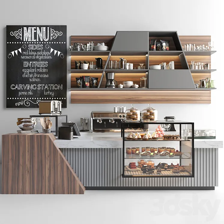 Design project of coffee point in loft style with desserts and sweets. Cafe 3DS Max