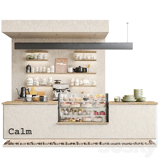 Designer coffee shop with stones and a display case with desserts 3DS Max Model