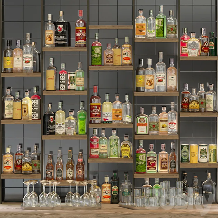Designer rack in a restaurant with alcohol. Pub 39 3DS Max