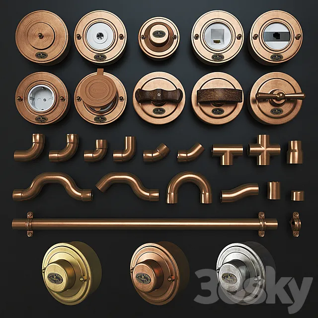 Designer wiring in metal pipes + retro sockets and switches 3DSMax File