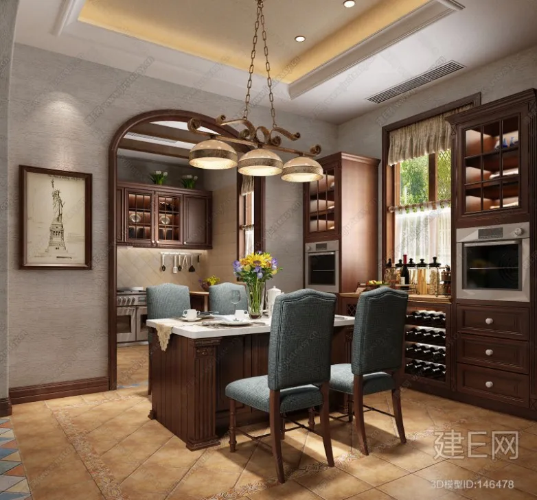 Dining Room 3D Interior Scene – American Style – 004