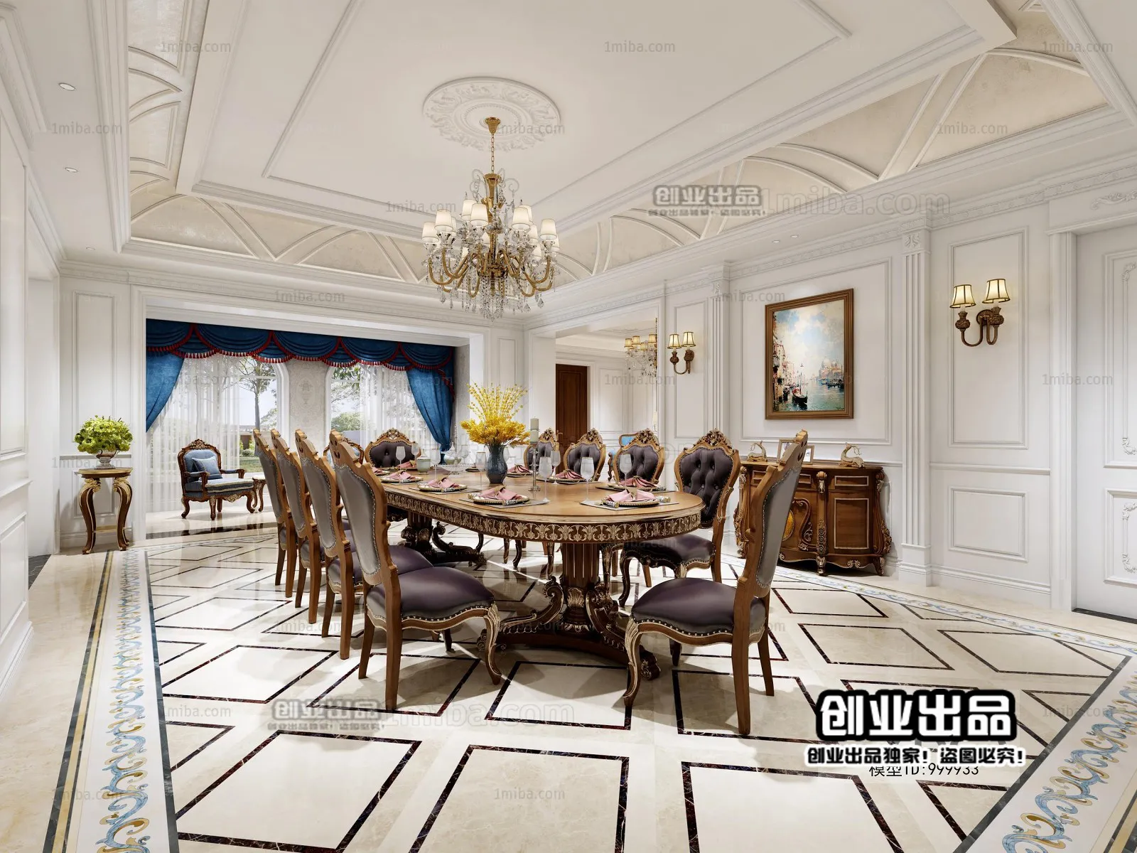 Dining Room 3D Interior Scene Model – European Style – 007