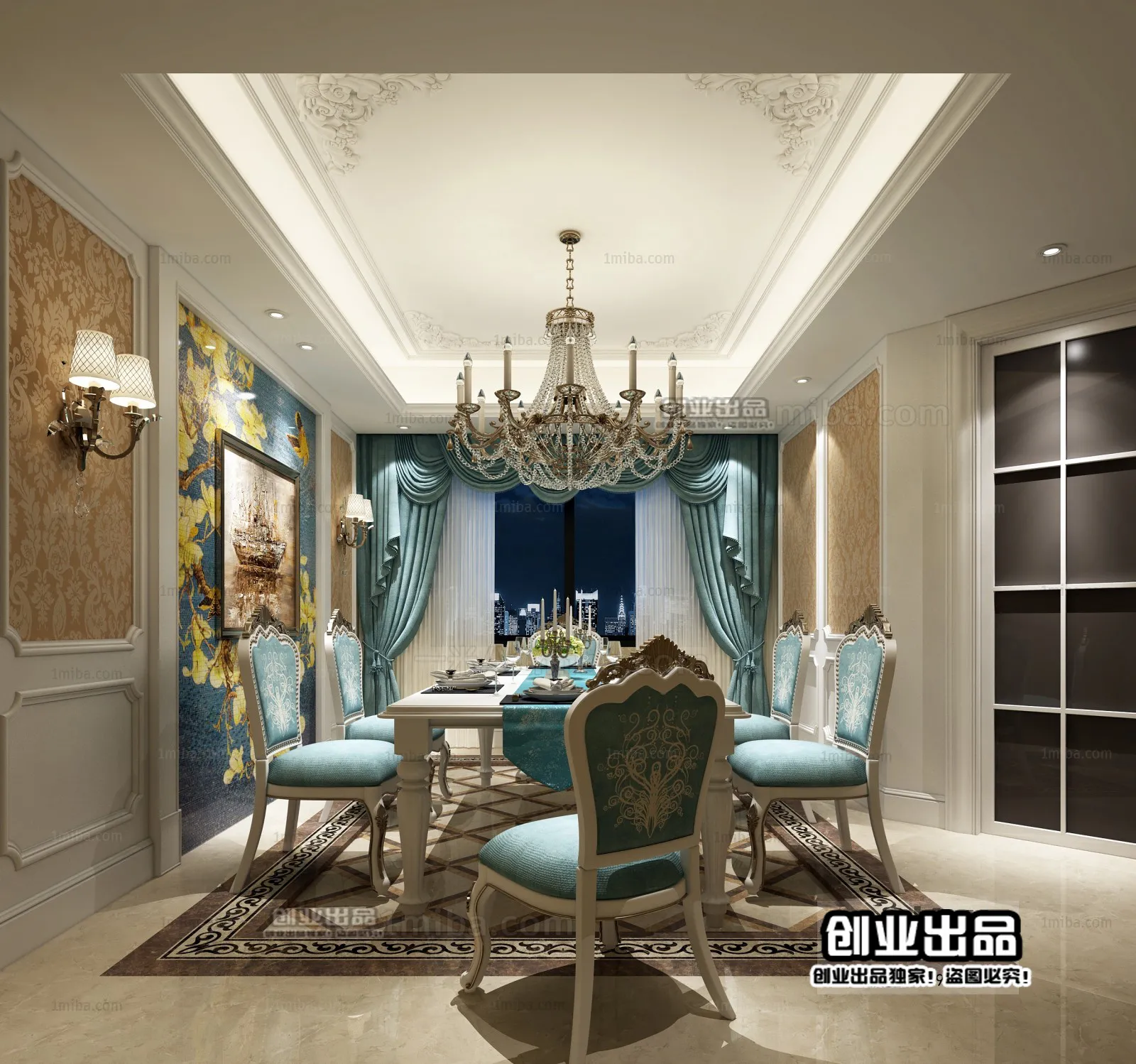 Dining Room 3D Interior Scene Model – European Style – 008