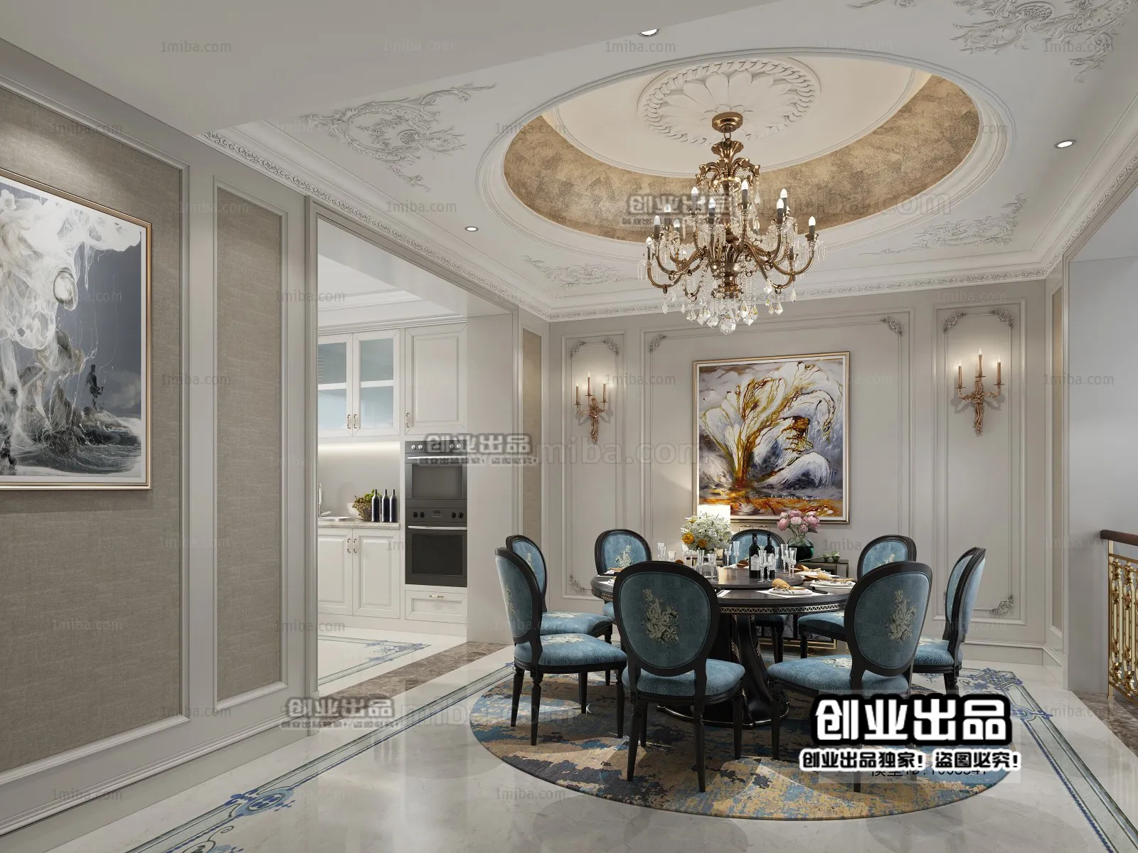 Dining Room 3D Interior Scene Model – European Style – 010