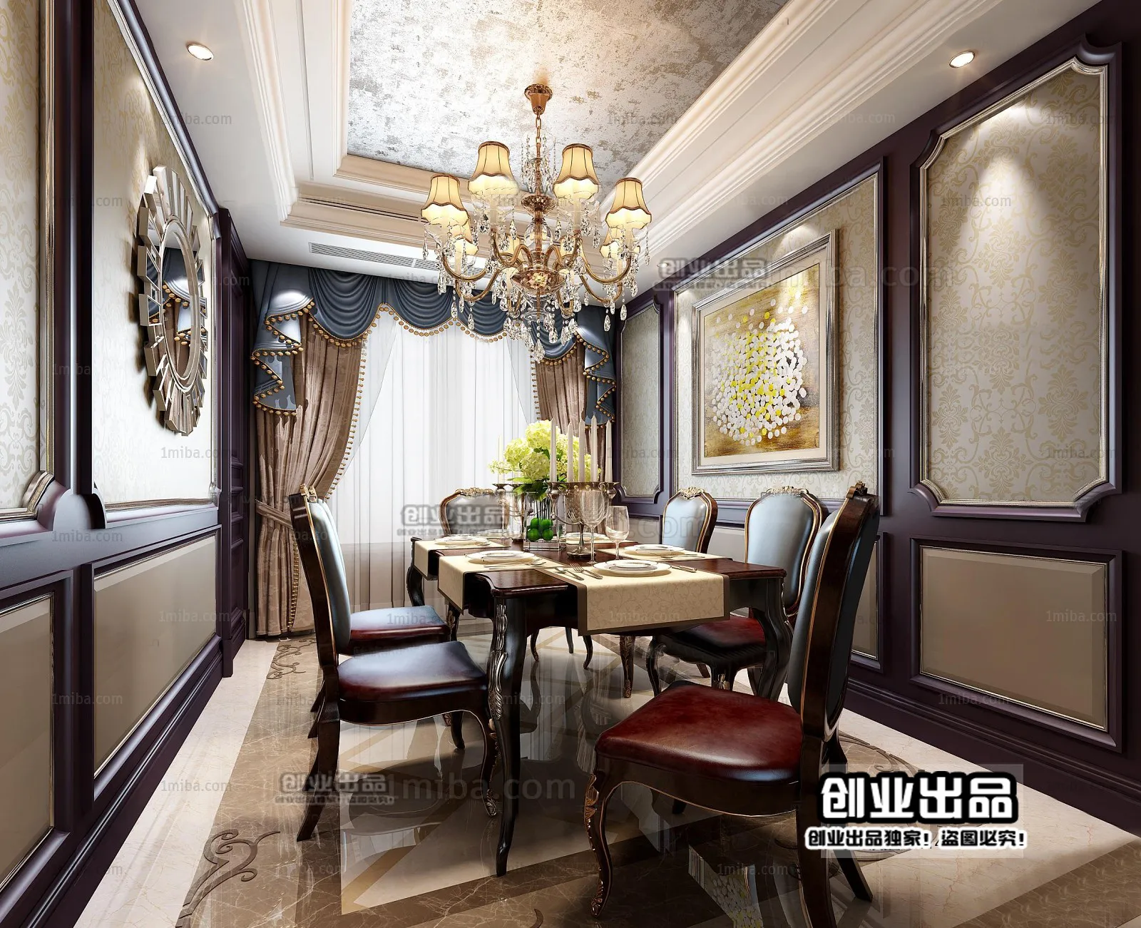 Dining Room 3D Interior Scene Model – European Style – 015