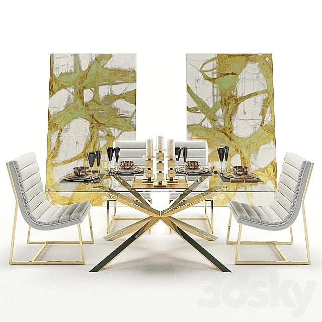 Dining table glass with armchairs and decor 3ds Max