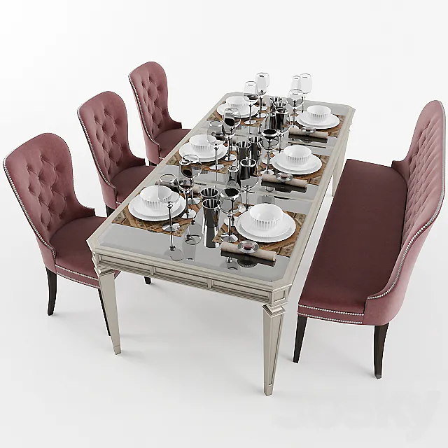 Dining table with with chairs. banquet and dishes 3DSMax File