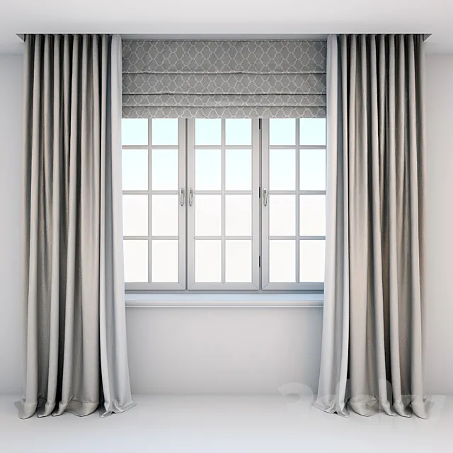 Direct curtains in the floor and Roman curtains in a modern style with a window 3ds Max