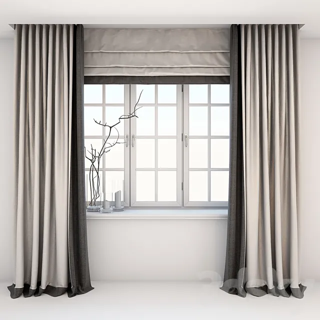 Direct two-color curtains in the floor and Roman curtains in a modern style with a window 3DSMax File