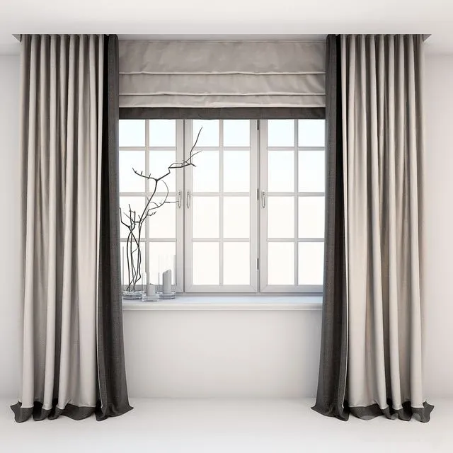 Direct two-color curtains in the floor and Roman curtains in a modern style with a window 3dsMax Model