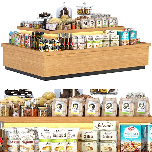 Display stand in a supermarket with products. Juices and cereals 3ds Max