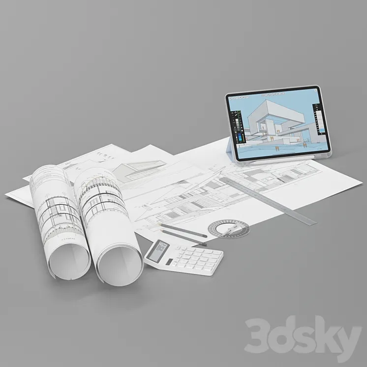 Draftsman architect set desktop filling 3DS Max Model