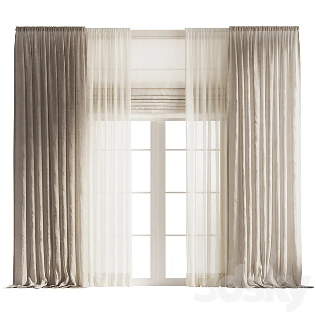 Draped Linen Curtains with Tulle and Roman Shade 3ds Max