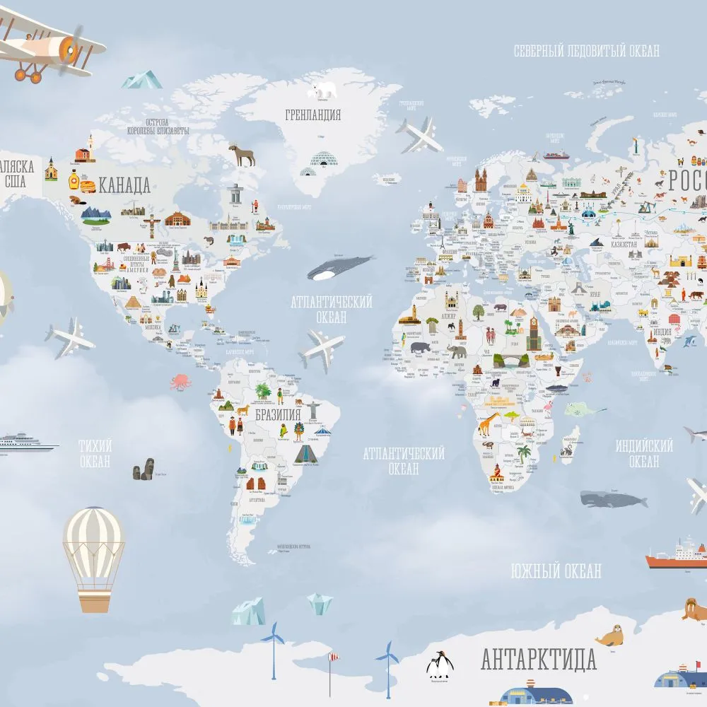 Dress-wall – Wallpaper World map with landmarks blue 3ds Max