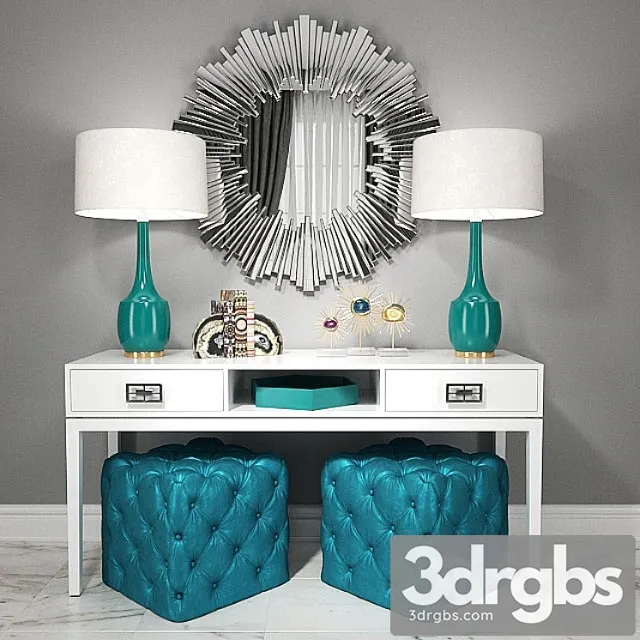 Dressing table with puffs, lamps and decor