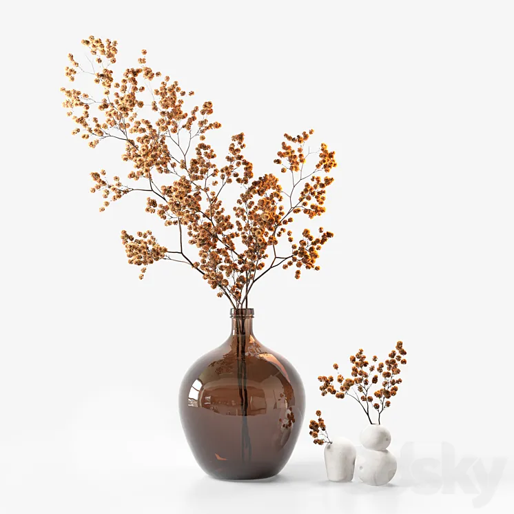 Dried flower branch in a large brown jar 3DS Max
