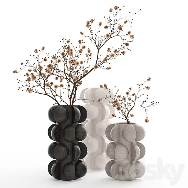 Dry branches in vases with spheres. 3ds Max