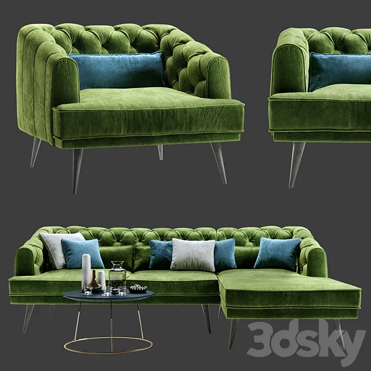 Earl Gray Corner Sofa with Chaise and Armchair 3DS Max