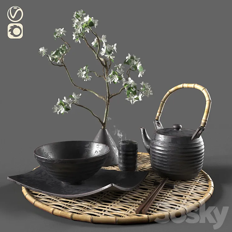 Eastern tableware with flowers 3DS Max