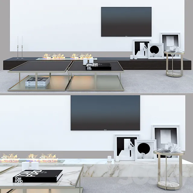 Electric Fireplace wall with TV and decoration and Minotti Huber 3ds Max