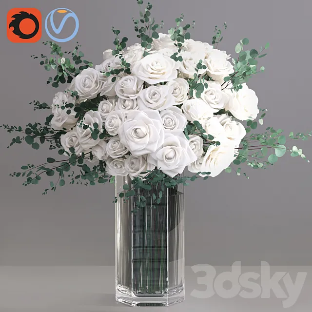 Eucalyptus ecuador white roses big glass event vase 3DS Max Model