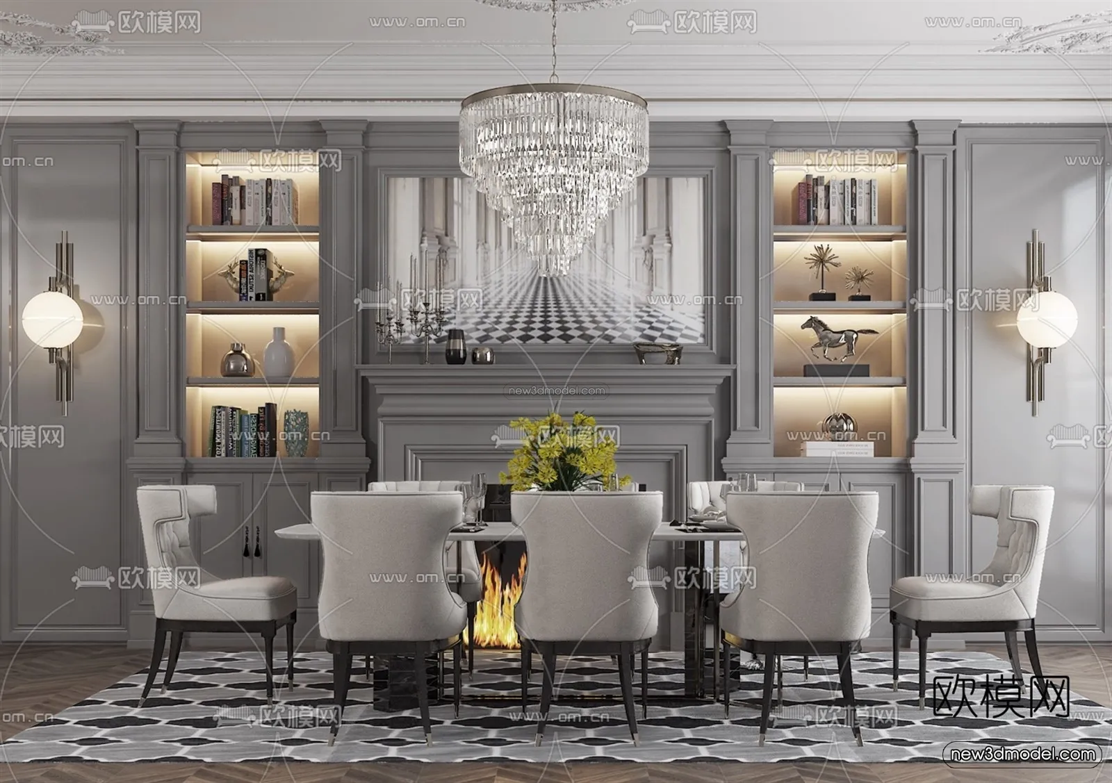 Europe Style Interior 3D Blocks – Dining Room 3D Model – 192 – VRAY