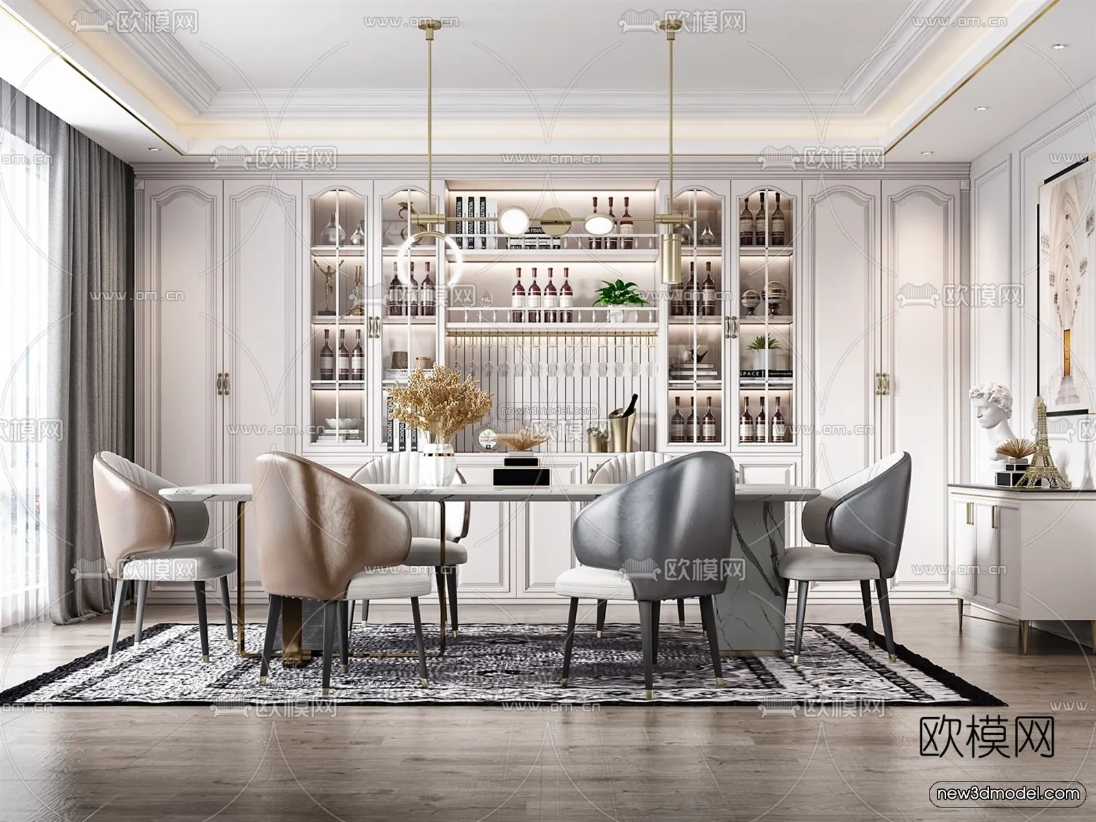 Europe Style Interior 3D Blocks – Dining Room 3D Model – 193 – VRAY