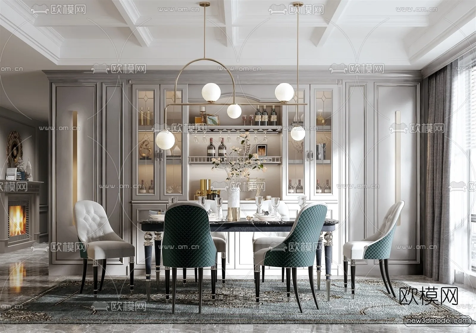 Europe Style Interior 3D Blocks – Dining Room 3D Model – 194 – VRAY