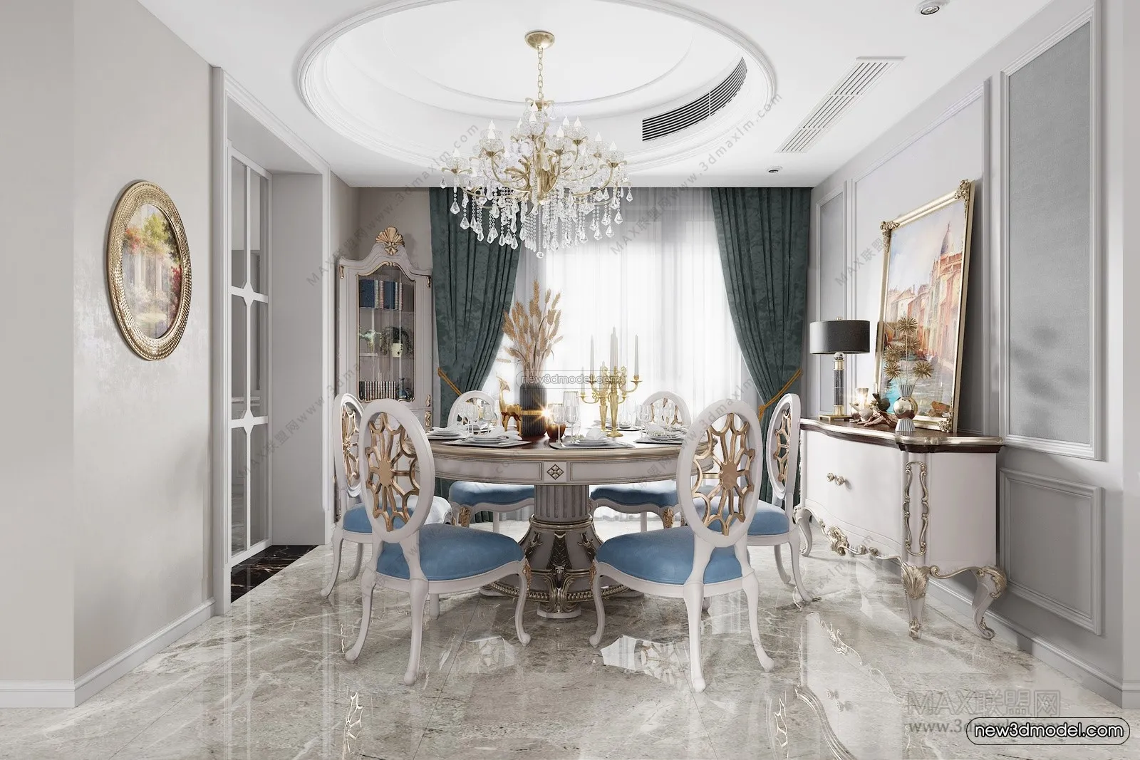 Europe Style Interior 3D Blocks – Dining Room 3D Model – 197 – VRAY