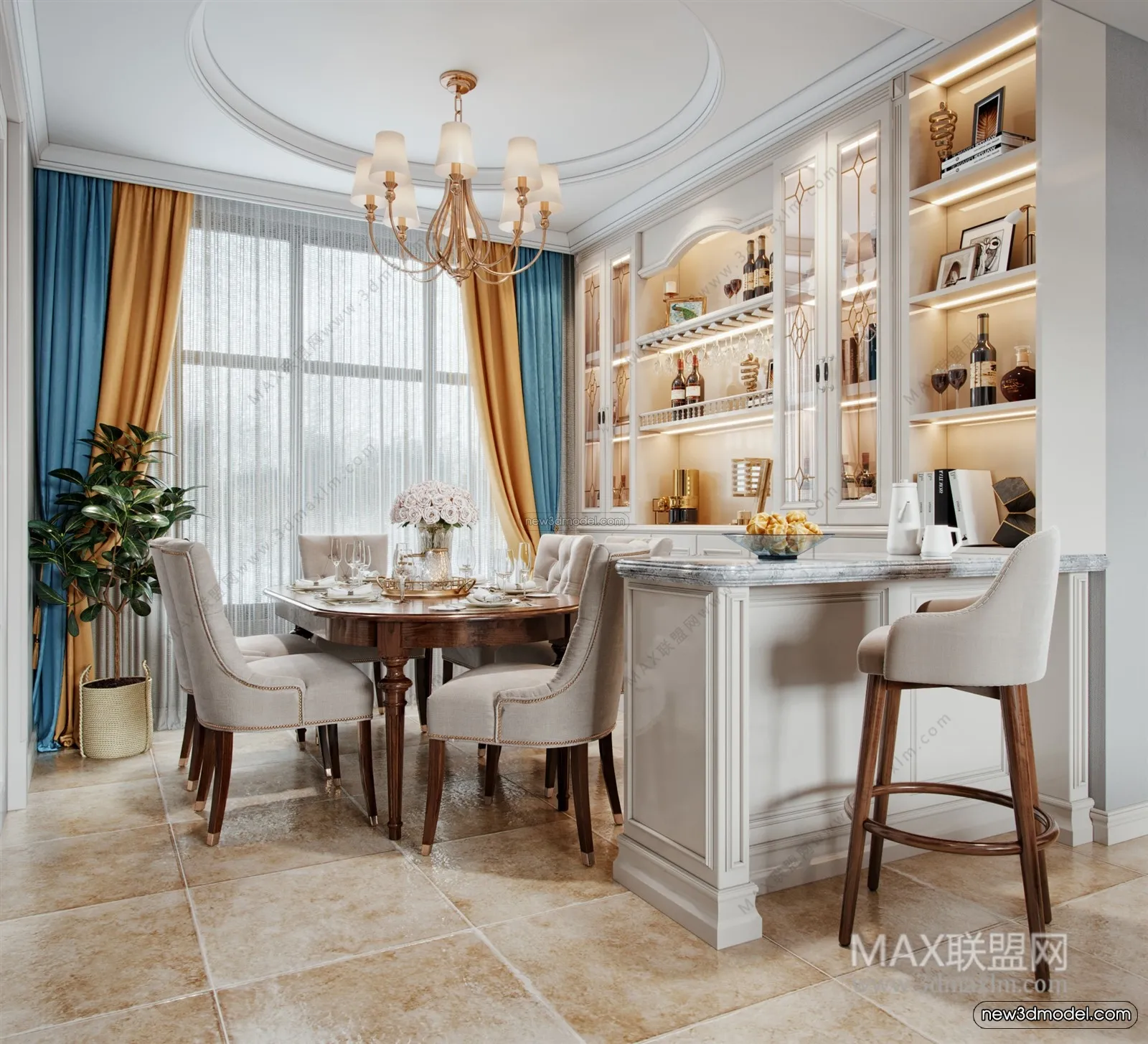 Europe Style Interior 3D Blocks – Dining Room 3D Model – 198 – VRAY