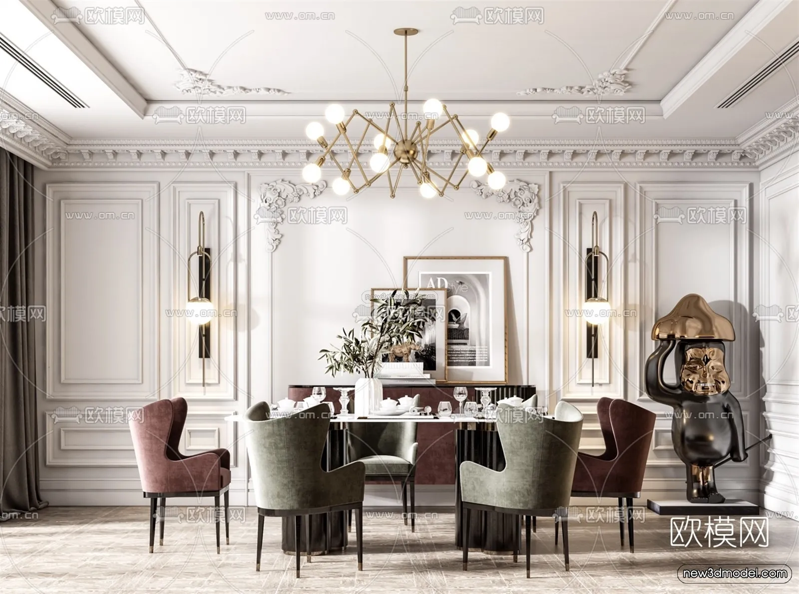 Europe Style Interior 3D Blocks – Dining Room 3D Model – 202 – VRAY