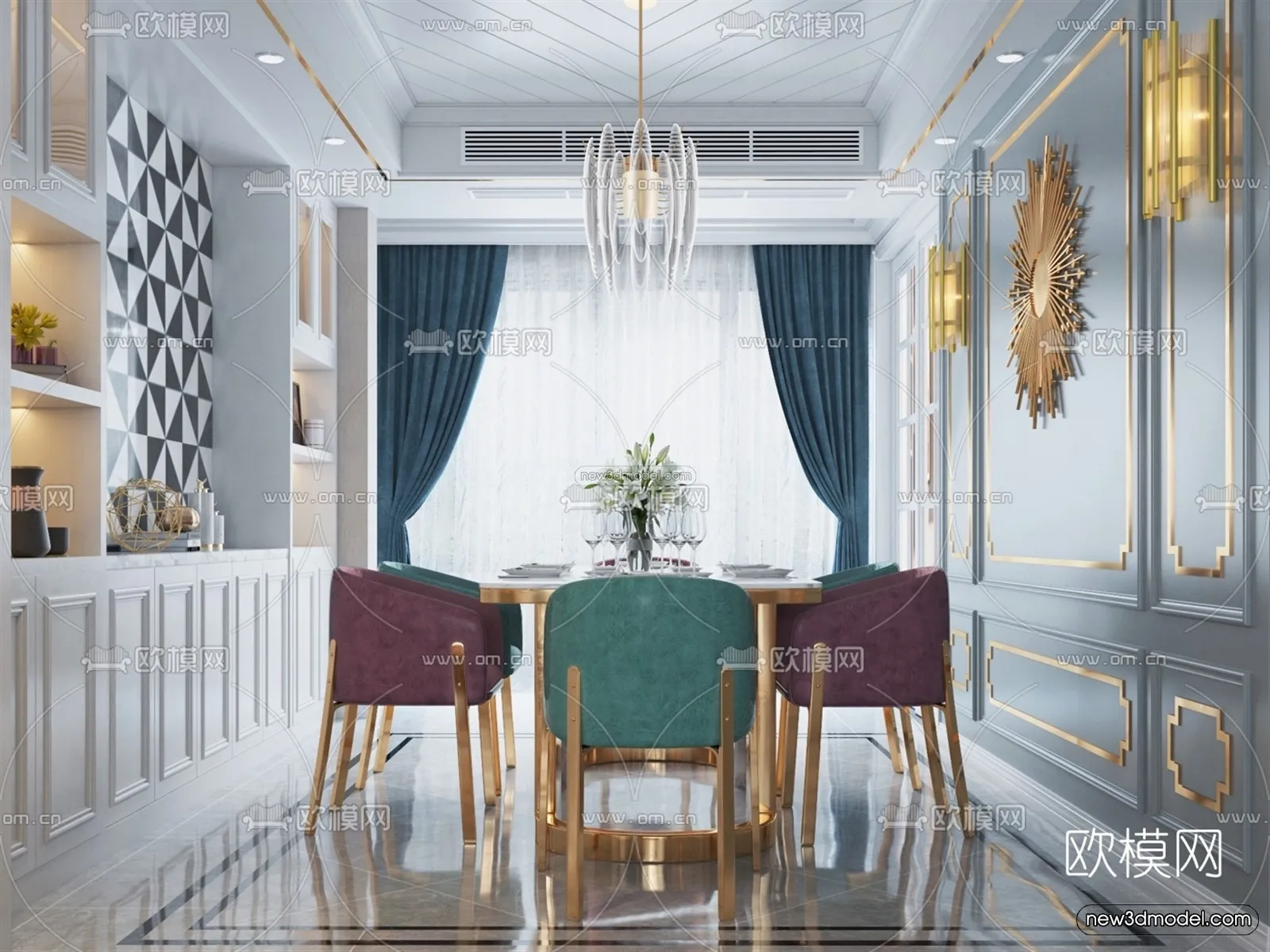 Europe Style Interior 3D Blocks – Dining Room 3D Model – 204 – VRAY