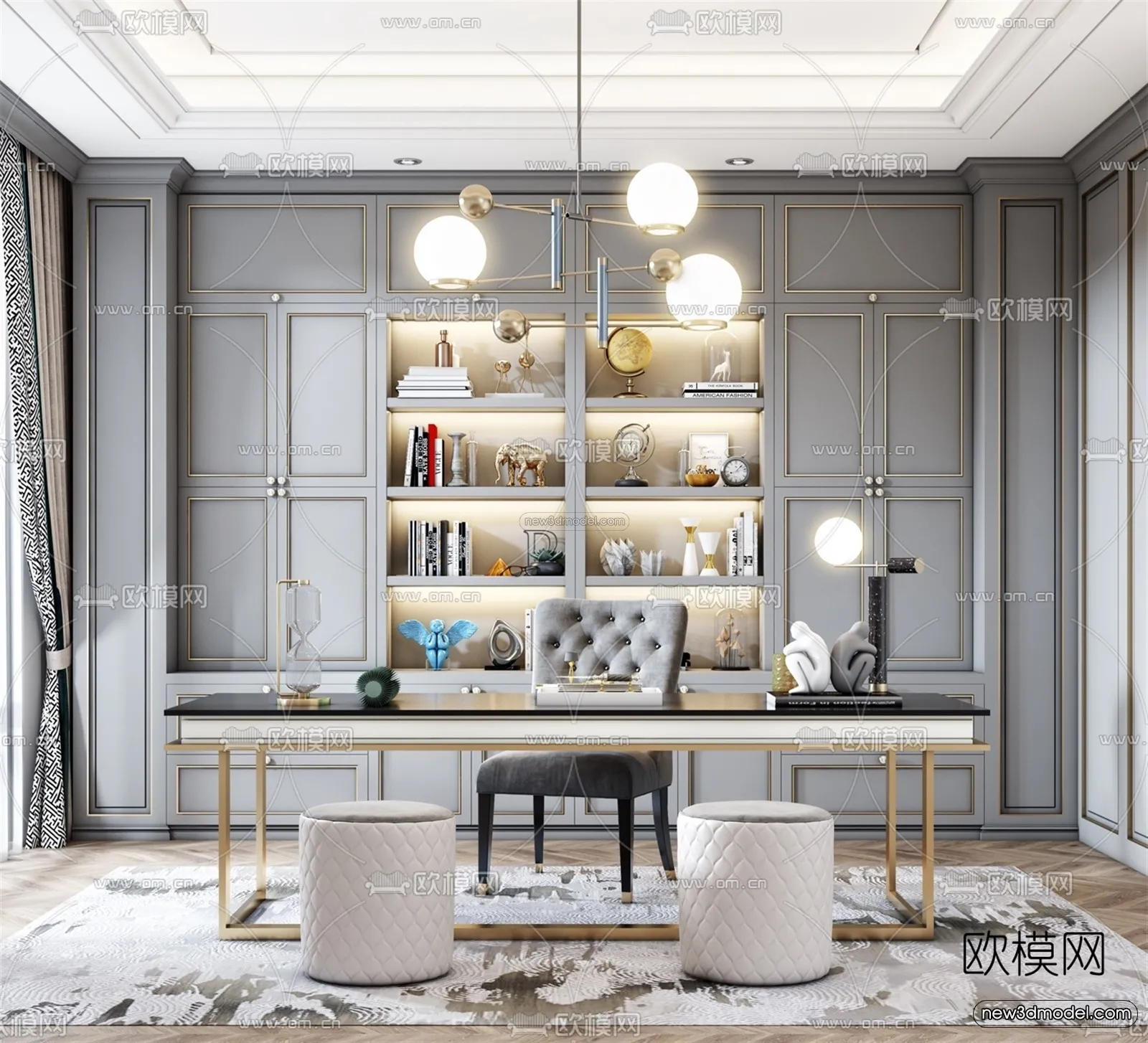 Europe Style Interior 3D Blocks – Study Room 3D Model – 344 – VRAY