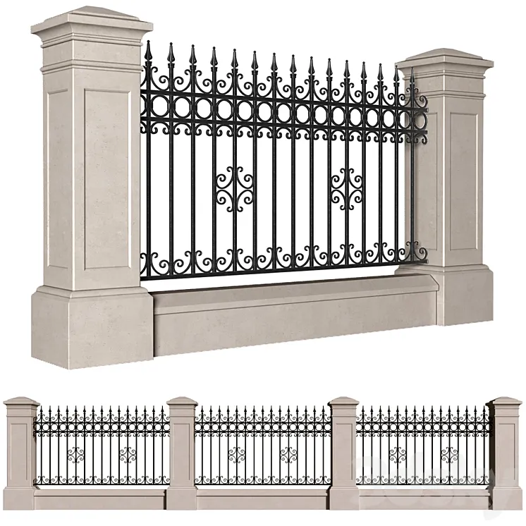 Fence in classic style with wrought iron railing.Entrance to the house.Wrought Iron Entry Gate 3DS Max