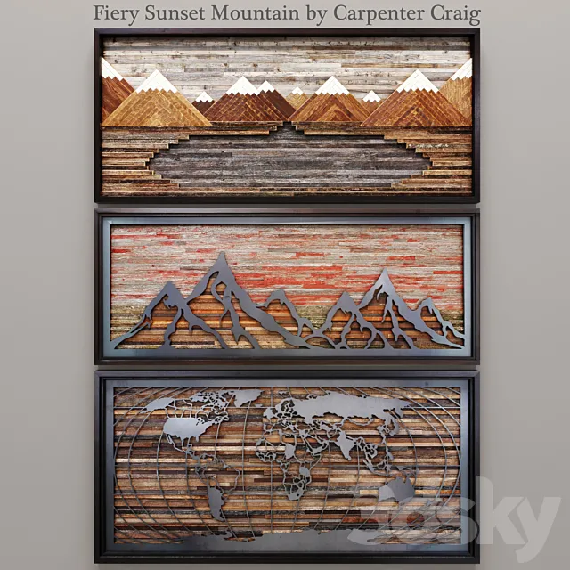 Fiery Sunset Mountain by Carpenter Craig set of paintings panels mountains wall decor wooden slats boards world map 3ds Max