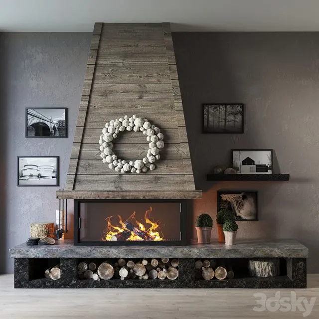 Fireplace paintings shelf rock tree greens log house 3dsMax Model