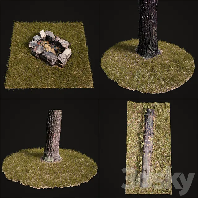 Fireplace tree trunks logs grass 3ds Max