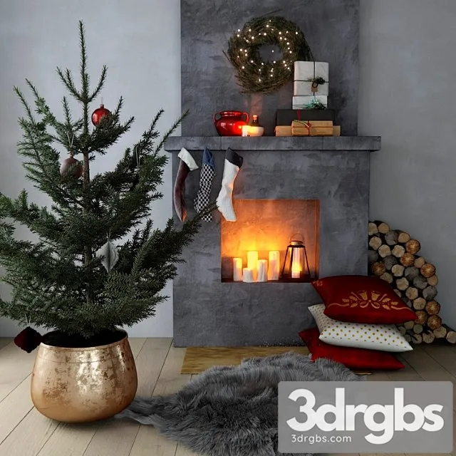 Fireplace with christmas decor 3dsmax Download