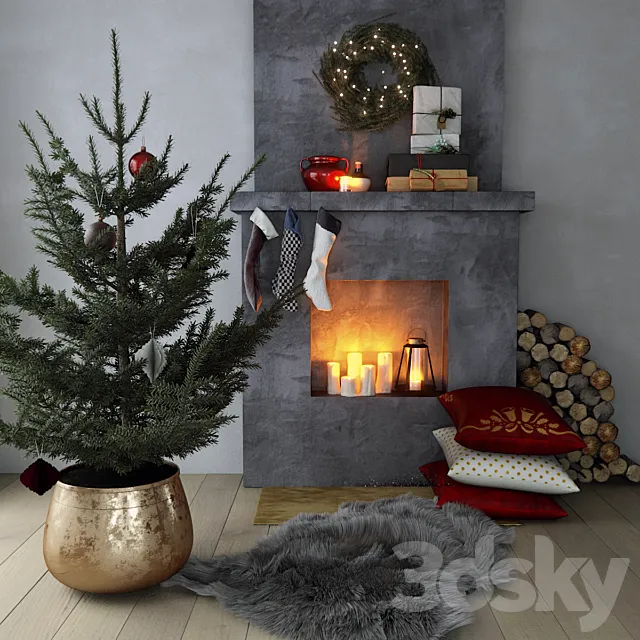 Fireplace with Christmas decor 3DS Max Model