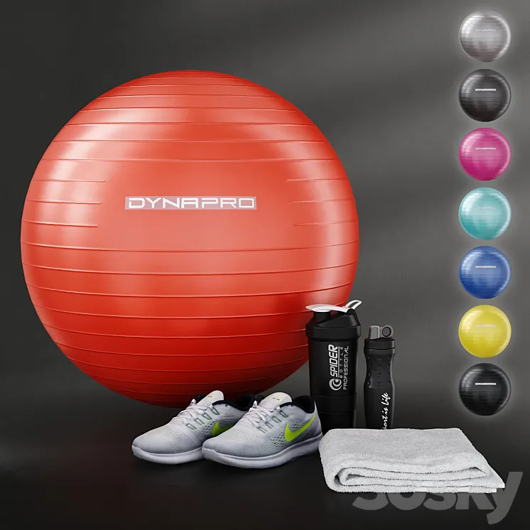 Fitness set for gym decorating. Sport equipment. Set 3DS Max