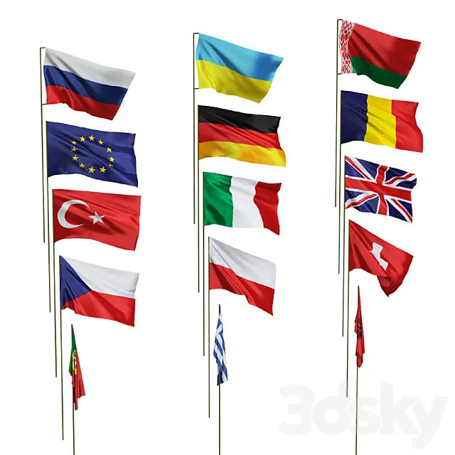 Flags of different countries. 15 species 3DS Max Model