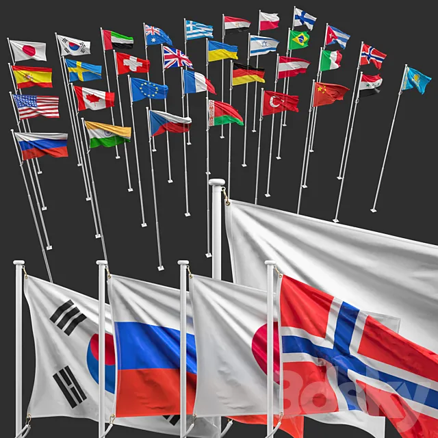 Flags of the countries of the world (8 flagpoles 32 flags) 3DS Max Model