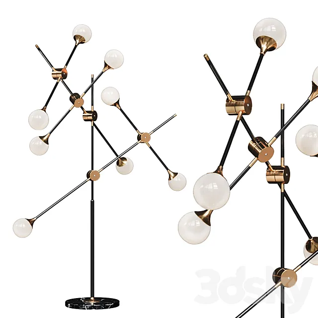 Floor lamp Baton FLOR LAMP black _ gold 8 white milk shades 3DS Max Model