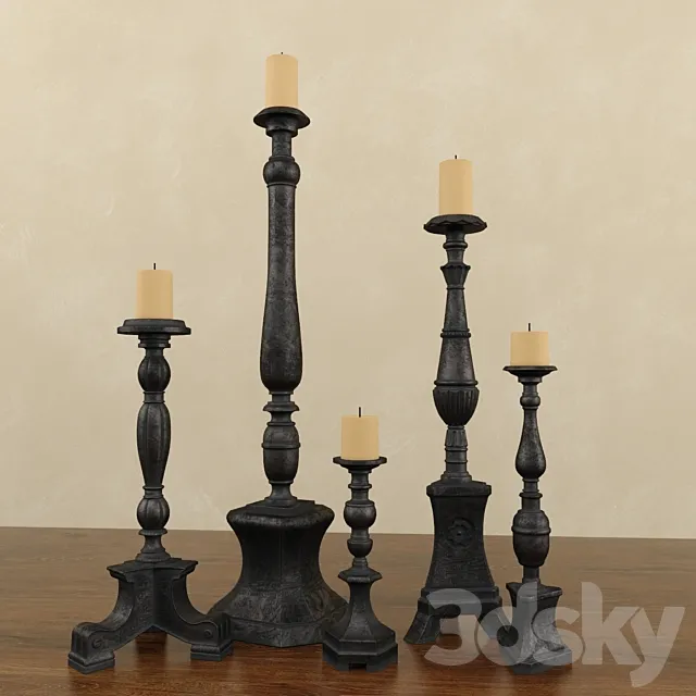 Florentine Carved Wood Candlesticks Black 3DS Max Model