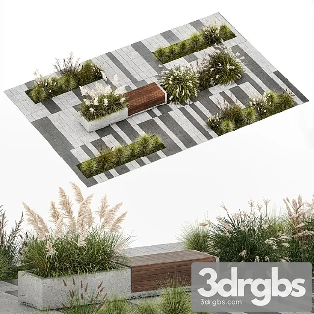 Flower bed with feather grass bushes miscanthus cortaderia and white pampas grass bench and bench paving slabs. 1147. 3dsmax Download