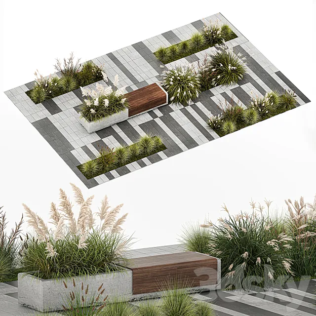 Flower bed with feather grass bushes Miscanthus Cortaderia and white pampas grass bench and bench paving slabs. 1147. 3dsMax Model