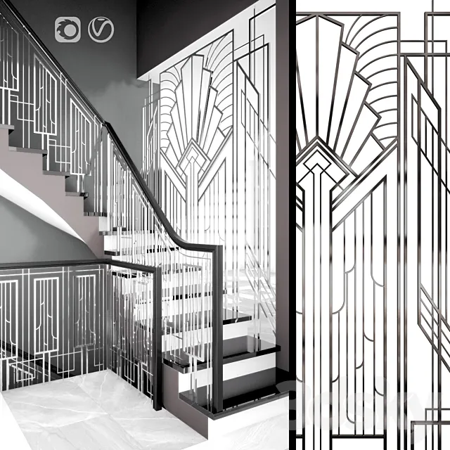 Forged guard of the Art-Deco staircase 3DSMax File