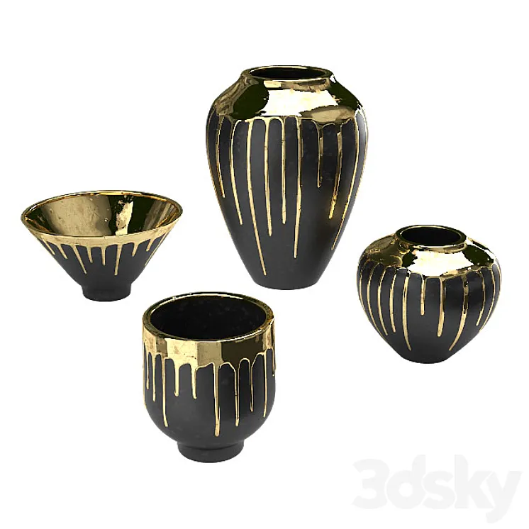 Four vases Isabelina graphite with molten gold 3DS Max