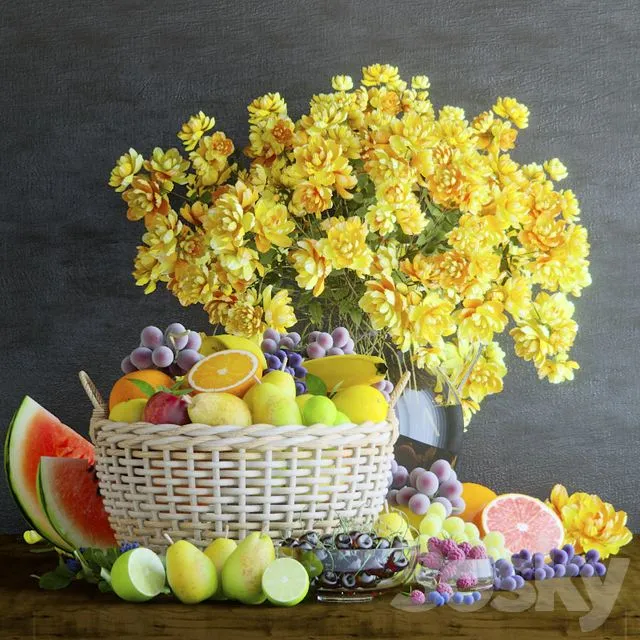 Fruits Berries Citrus Vase with flowers 3dsMax Model
